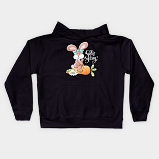 Hello Spring Easter Bunny Rabbit Messy Bun Carrot Easter Day Kids Hoodie
